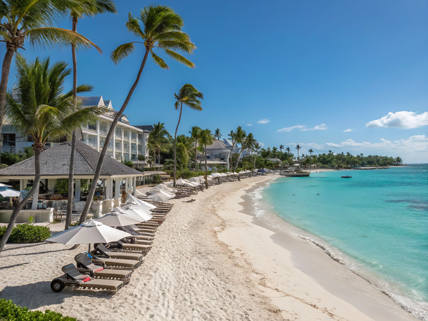 Bávaro beachfront condominiums and palm tree shoreline