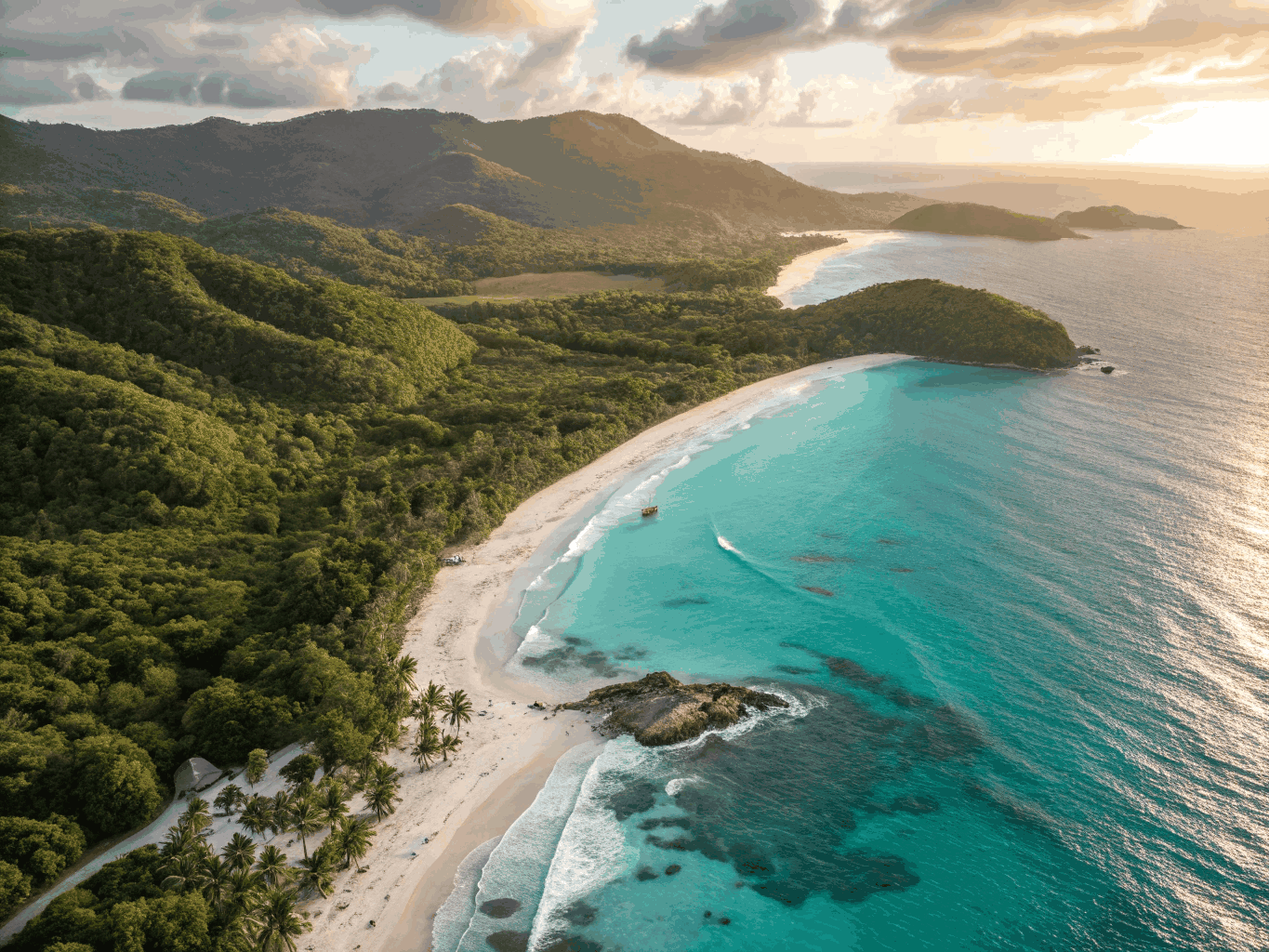 Aerial panoramic view of Dominican Republic turquoise coast and luxury beachfront residences