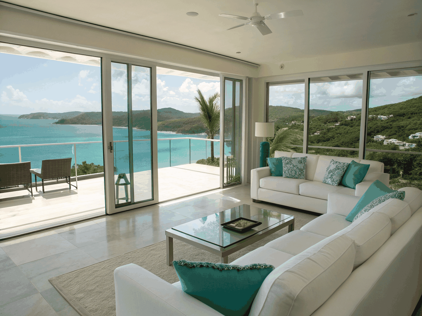 Sunlit luxury villa interior with Caribbean ocean views
