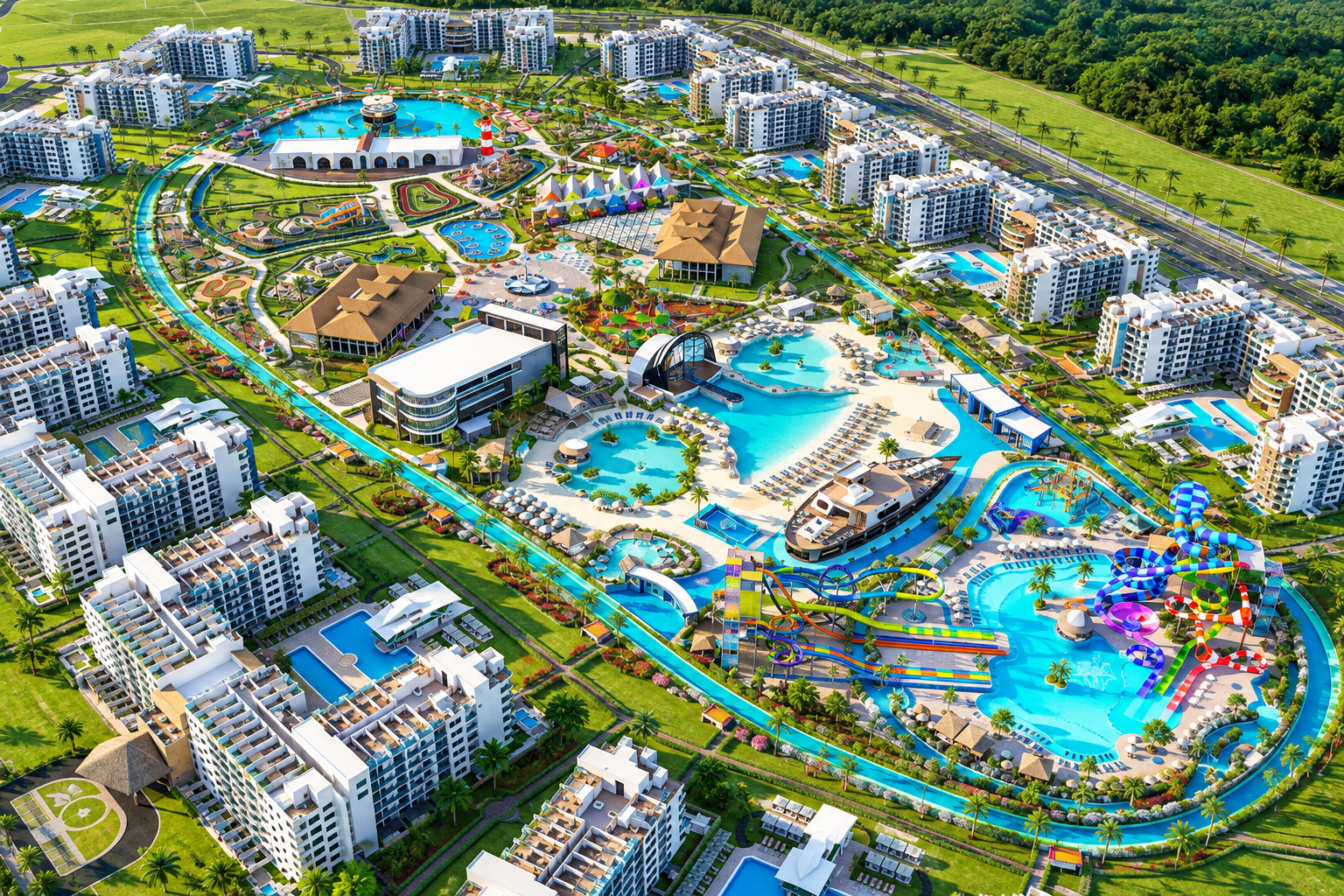 Modern residential complex with cruise-ship-inspired tiered sun decks and pools in Bávaro, Punta Cana