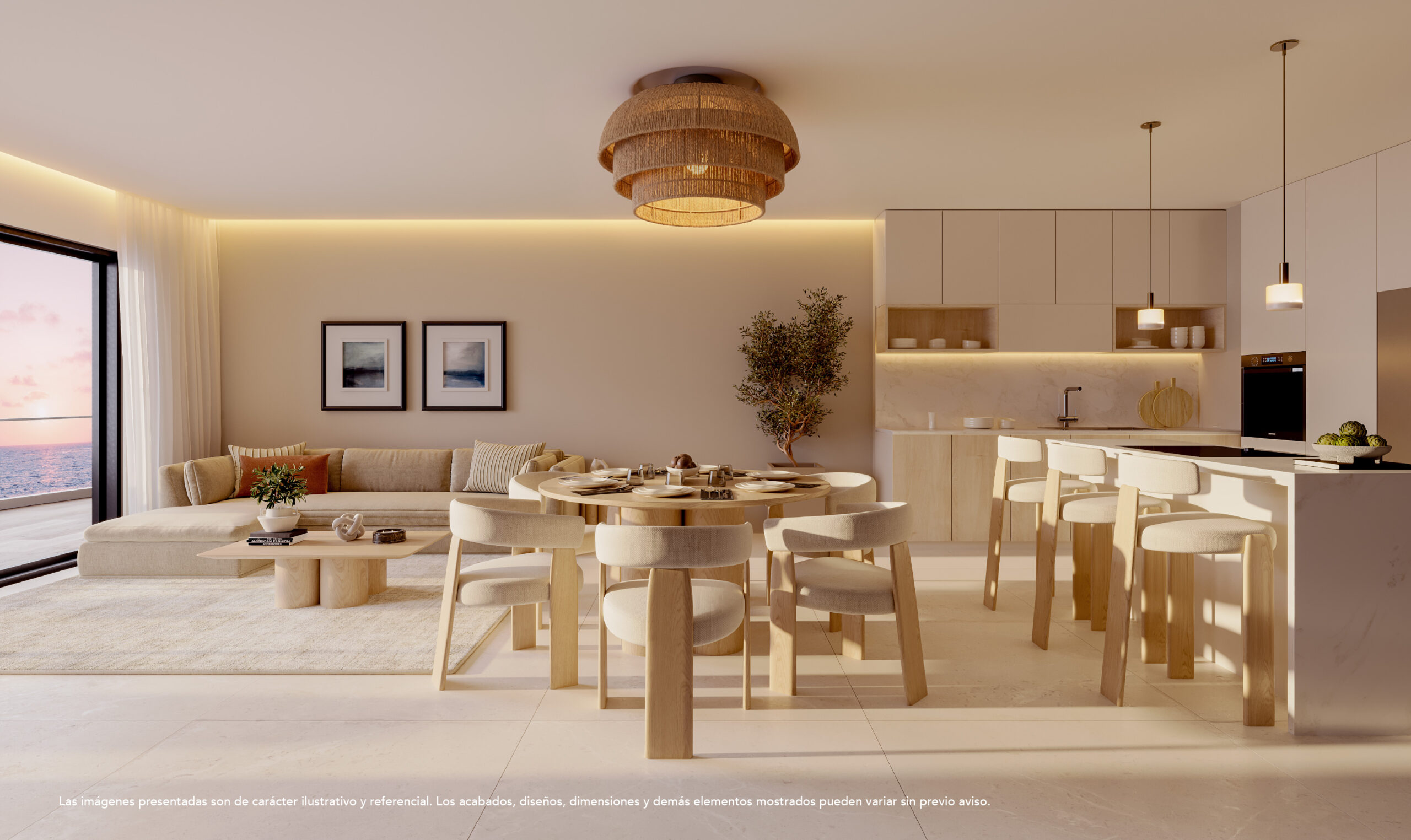 Bright open-concept living, dining, and kitchen area with warm minimalist design and ocean views at Aquamarine Residence
