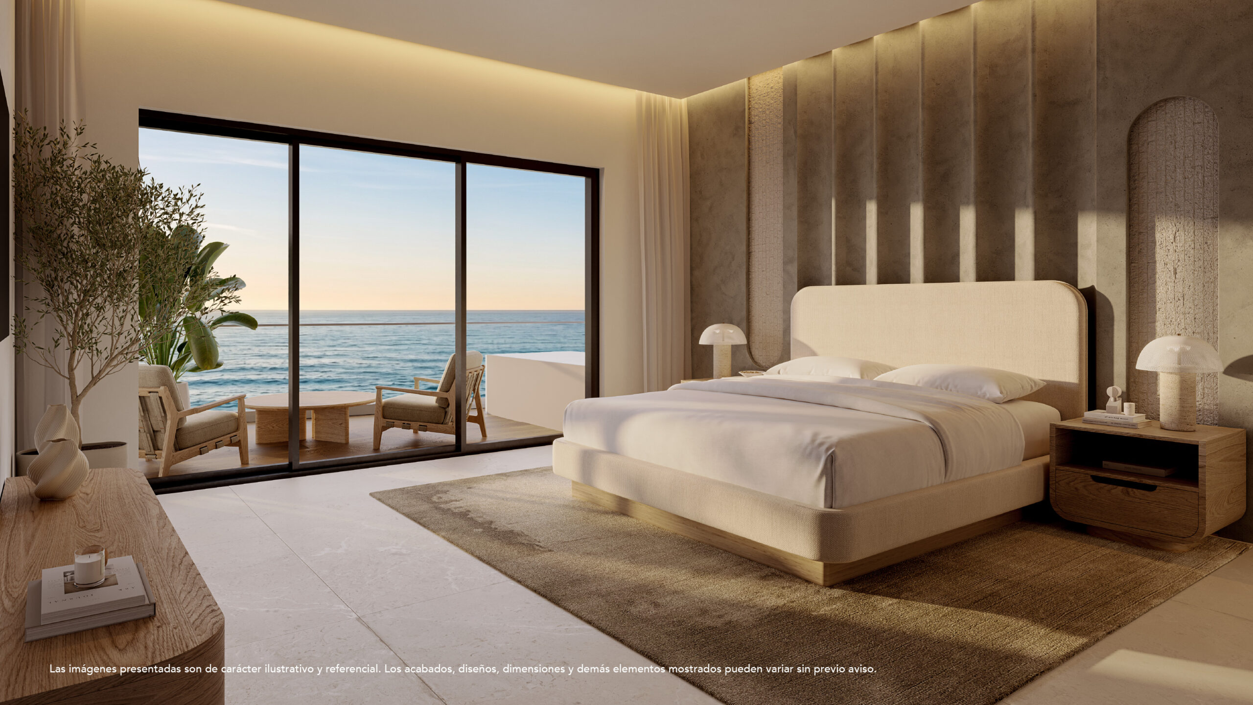 Oceanfront master bedroom suite with private balcony and panoramic sea views at Aquamarine Residence
