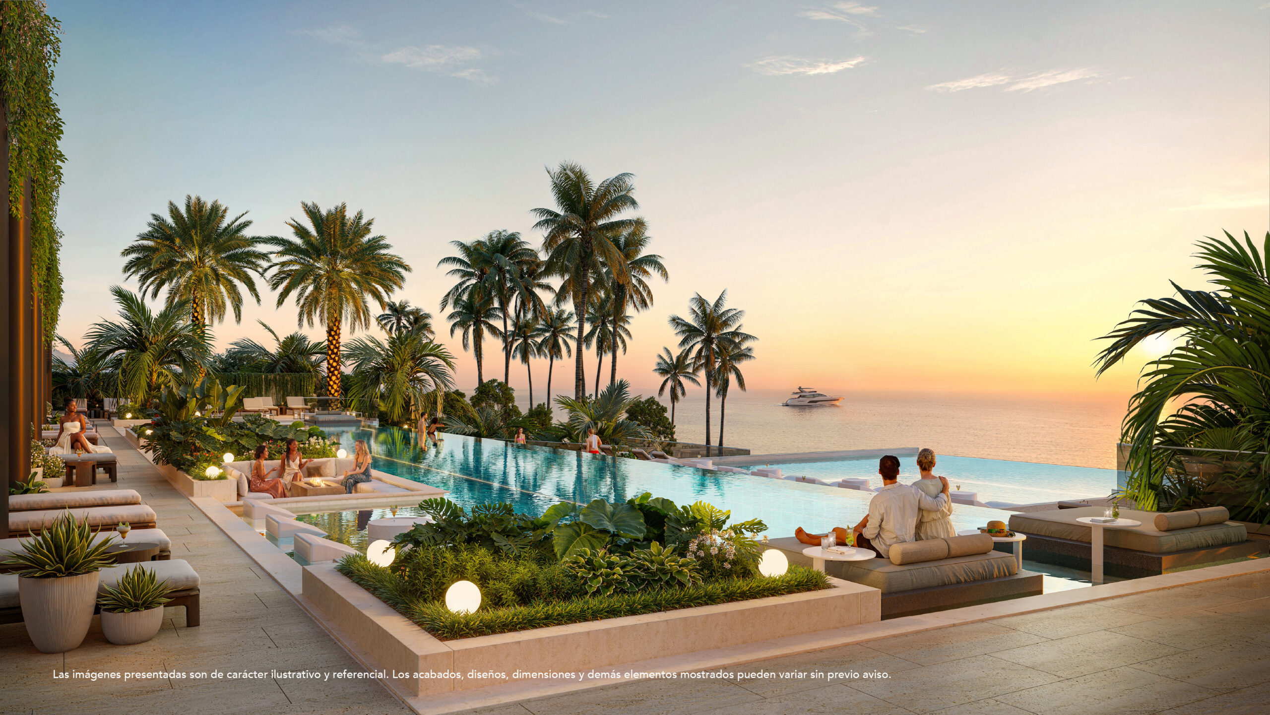 Rooftop infinity pool and lounge deck overlooking the ocean at sunset at Aquamarine Residence