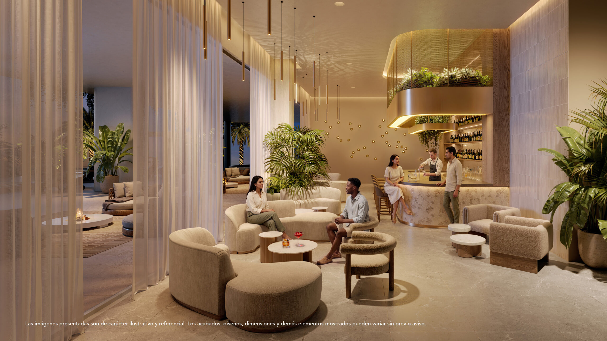 Elegant lobby lounge and cocktail bar with curved seating and brass accents at Aquamarine Residence