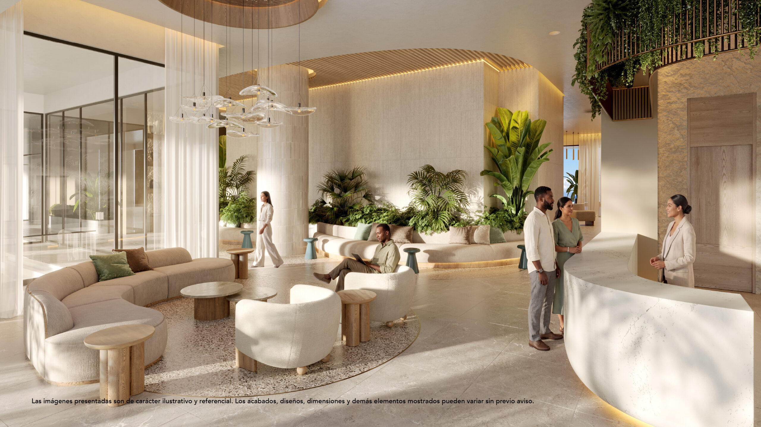Spacious lobby reception area with curved marble desk and lush greenery at Aquamarine Residence