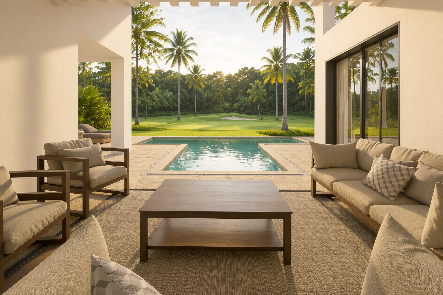 Contemporary estate home exterior facade with manicured tropical grounds